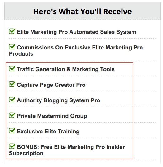 Elite Marketing Pro Standard Membership inclusions