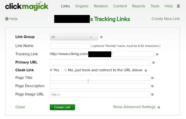 ClickMagick Tracking Links Section