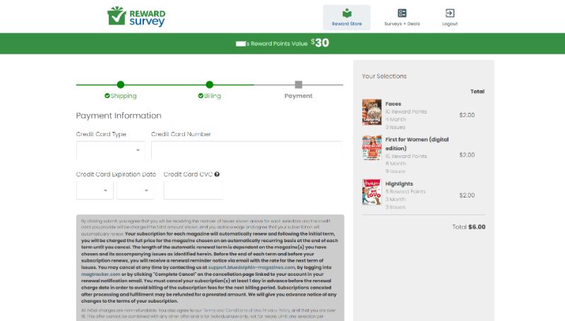 RewardSurvey Payment information page