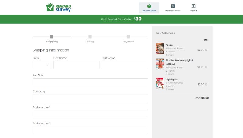 RewardSurvey Shipping information page