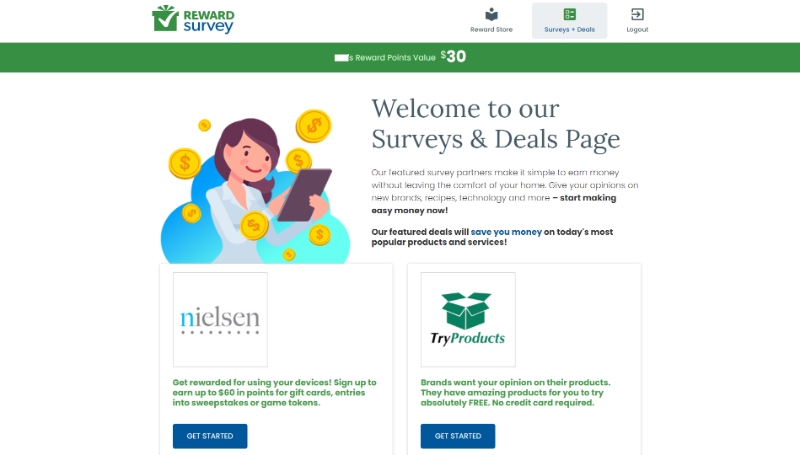 RewardSurvey Surveys + Deals Page