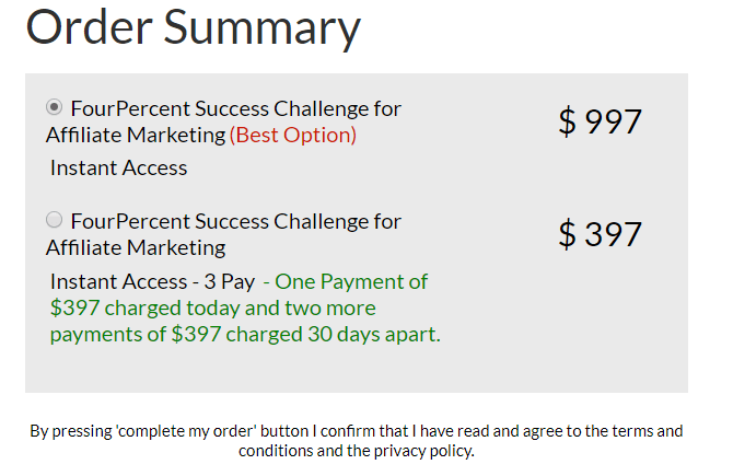 FourPercent Success Challenge Order Summary