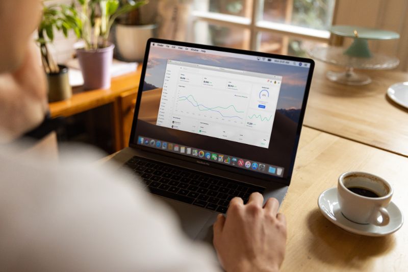 A person looking at data fluctuations on a laptop