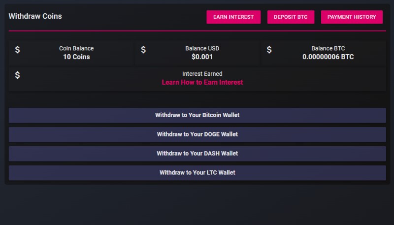 Cointiply Withdrawal Page