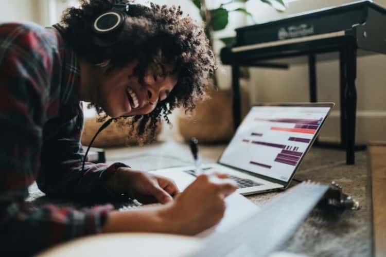 Woman Listening to Music and Writing Blog