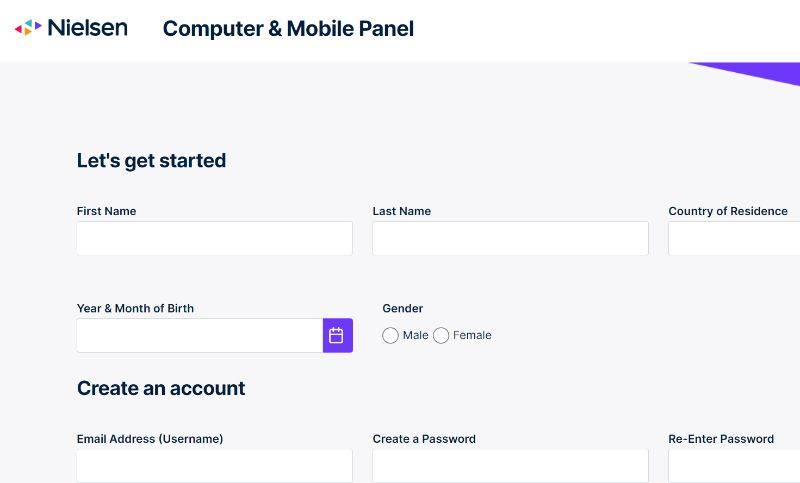 Nielsen Surveys sign-up page