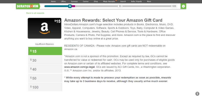 InboxDollars Amazon Rewards page