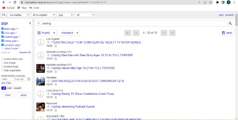 craiglist website casting call search screenshot