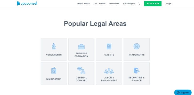 Webpage showing Popular Legal Areas at UpCounsel