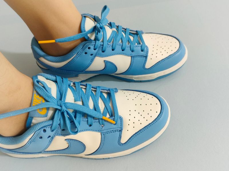 Woman wearing a Nike Dunk Low Coast isolated in blue