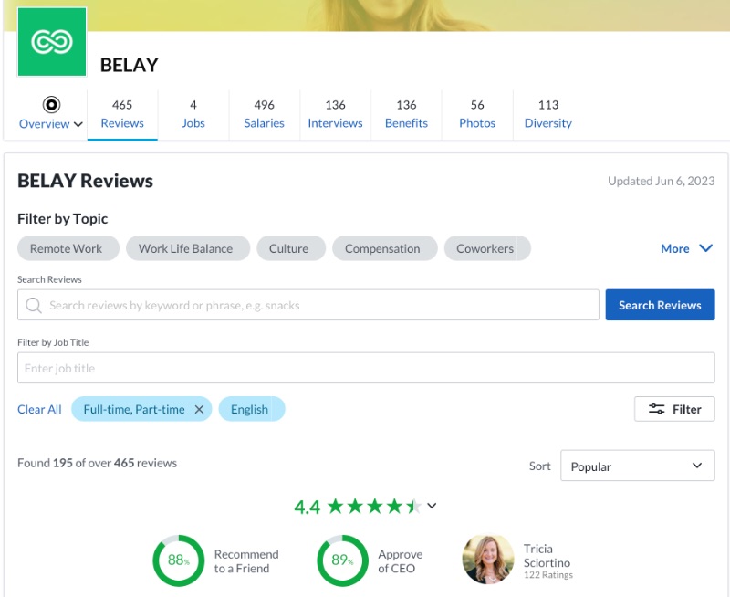 Belay Review Ratings from Glassdoor