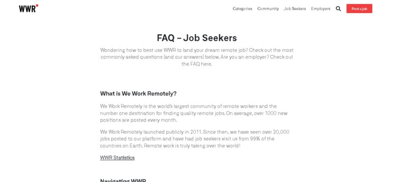 We Work Remotely FAQ section for Job Seekers