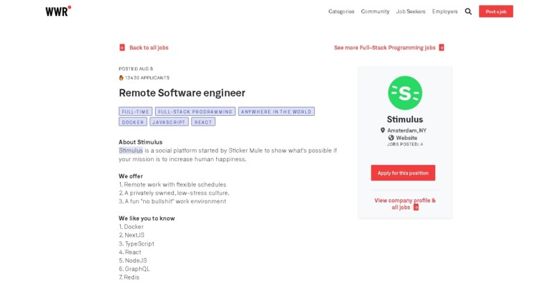 We Work Remotely Sample Remote Software engineer
 Job Posting