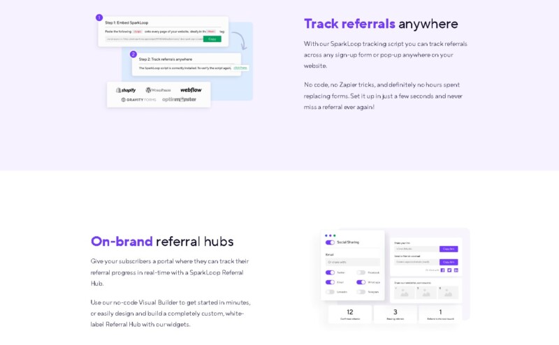 SparkLoop tracking referrals and on-brand referral hubs features