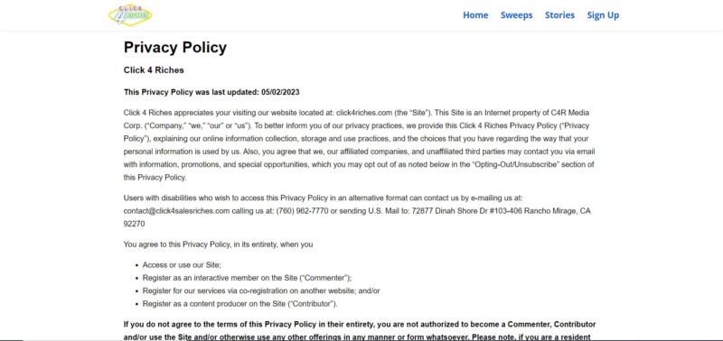 Clicks4Riches privacy policy page