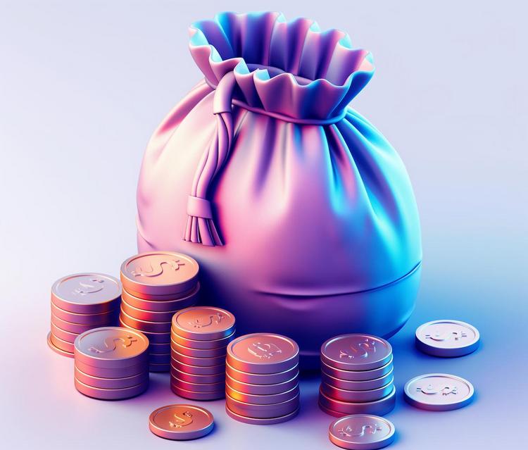 Purple money bag tied with a rope, surrounded by stacks of glowing coins with dollar signs, set against a soft blue background.