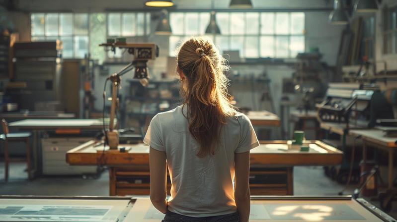 Woman in workshop, wearing white T-shirt, observes sunlit, artisan workspace.