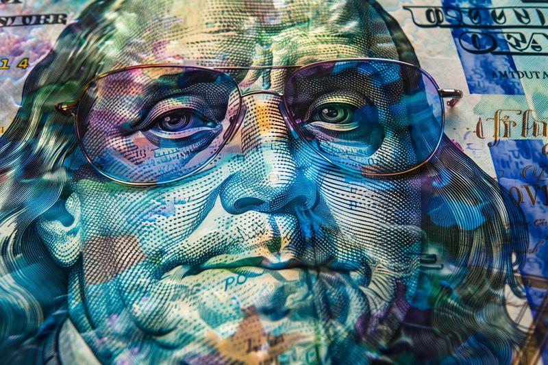 Close-up of vibrant dollar bill art with Benjamin Franklin wearing colorful glasses, blending currency and creativity in high resolution.