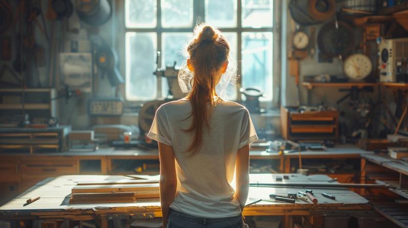 Woman in white shirt contemplating in sunlit woodworking workshop, surrounded by tools and wooden planks, capturing a moment of creative inspiration.