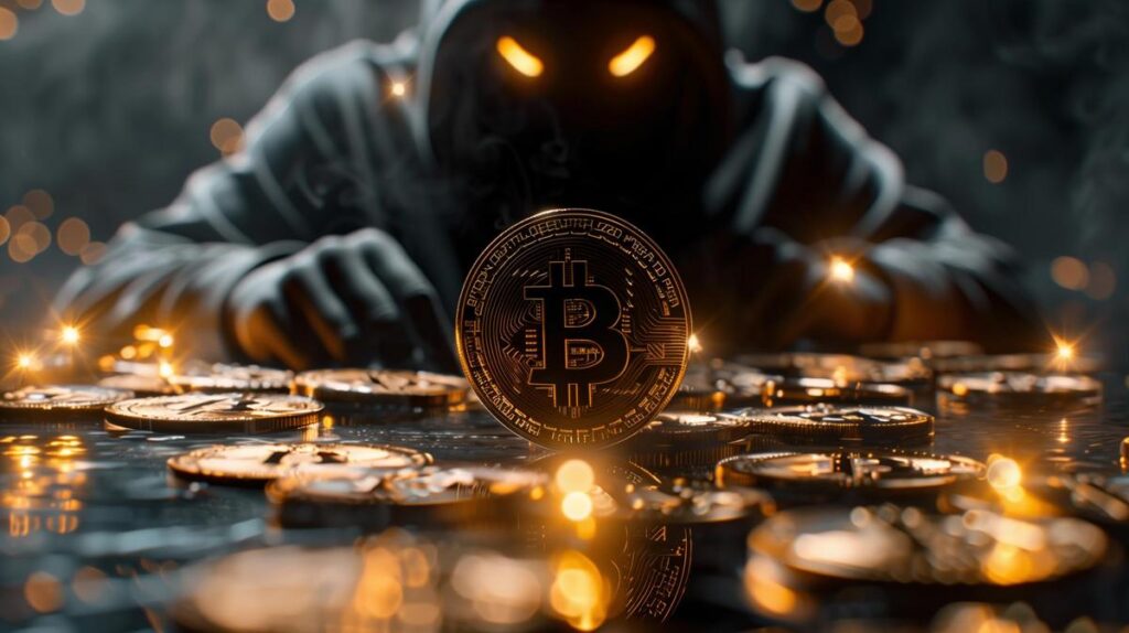 Hooded figure holding Bitcoin with glowing eyes