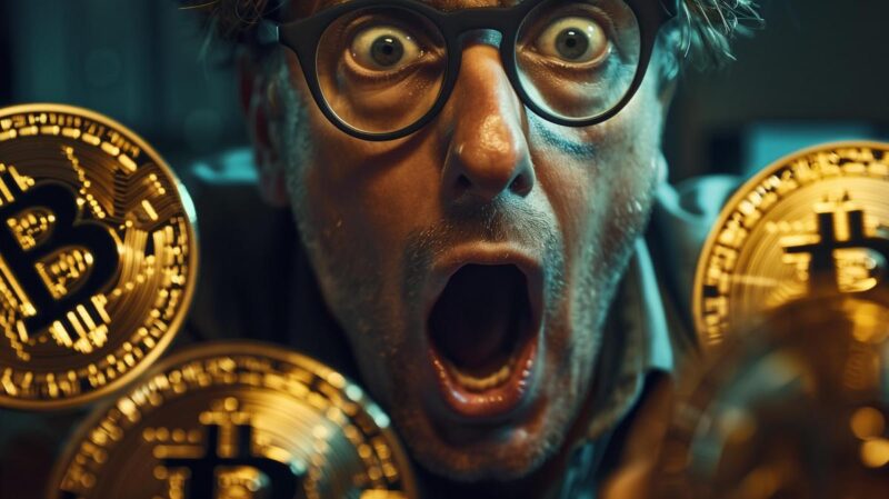 Surprised man with glasses holding Bitcoin, concept of cryptocurrency scam alert, investment caution.