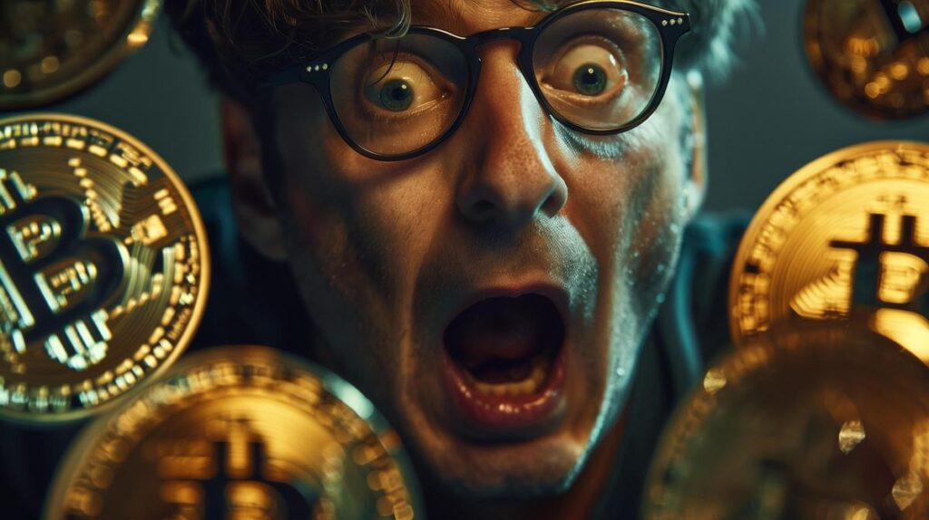 Shocked man with glasses surrounded by Bitcoin coins, concept for cryptocurrency scams.