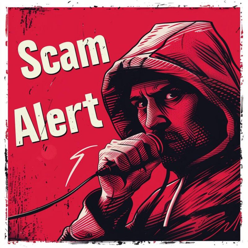 Scam Alert concept with hooded figure speaking into mic, cyber security warning