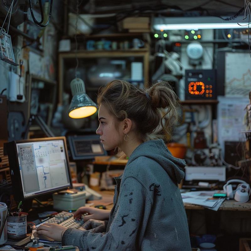 Young female engineer analyzing data on computer screens in cluttered, tech-heavy workshop environment.