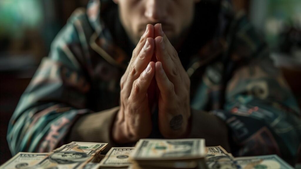 Person praying over cash pile, humorous concept of financial desire.