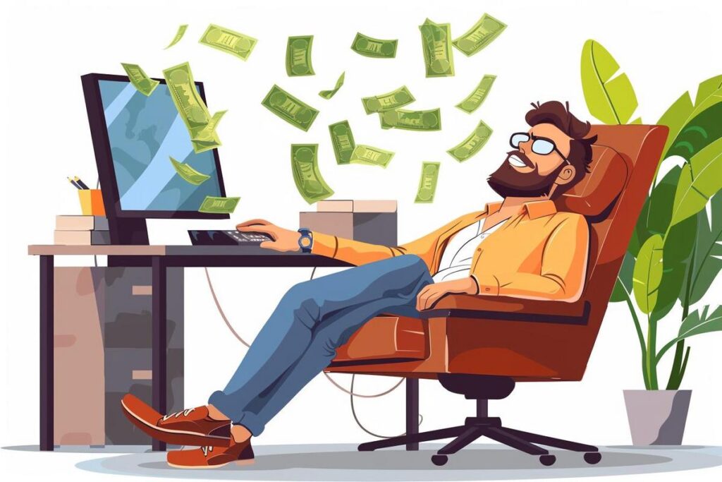 Businessman in office chair surrounded by flying cash, symbolizing financial success.