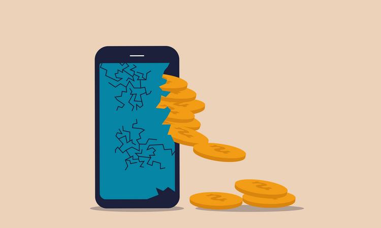 Golden coins spilling from cracked smartphone screen symbolizing mobile revenue or digital finance.