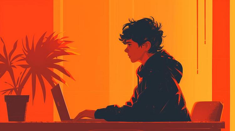 Young boy using laptop with orange backdrop and indoor plants, representing modern digital youth culture.