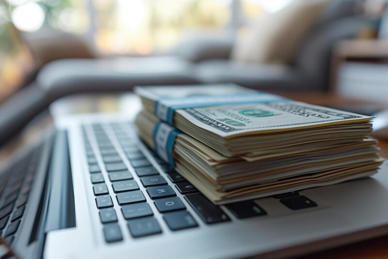 Stack of US dollar bills on a laptop keyboard