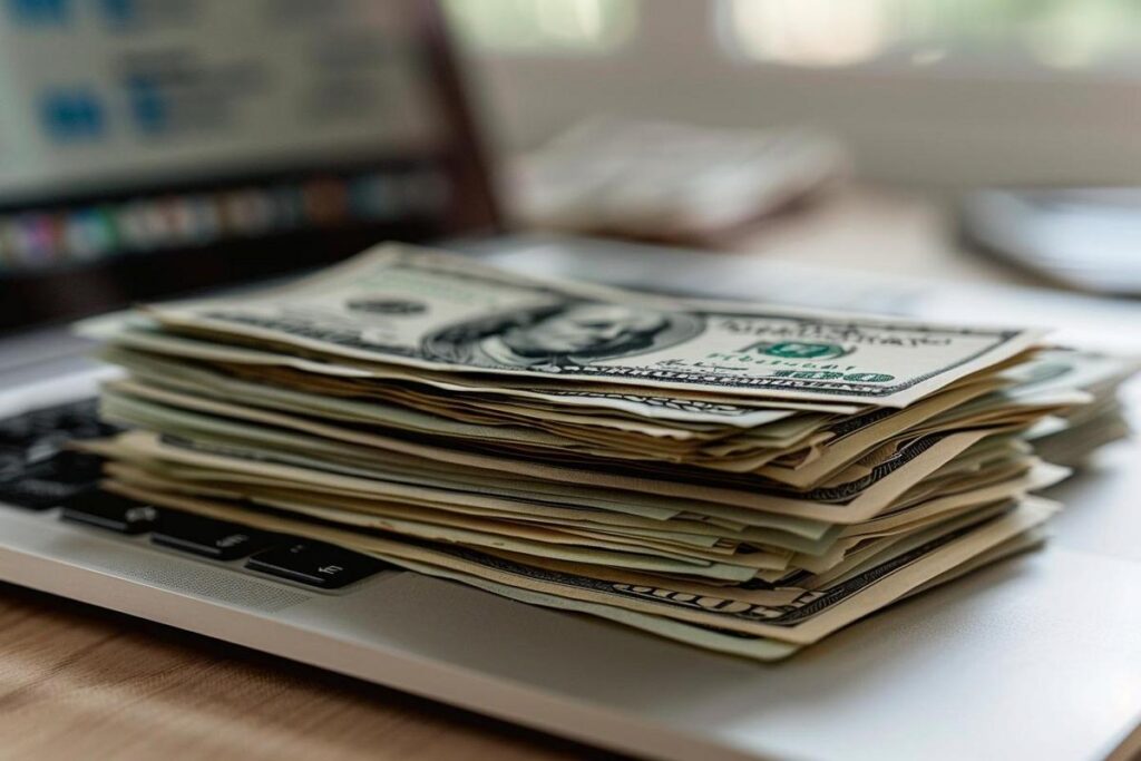 Stack of US dollar bills with blue currency straps on a laptop keyboard.