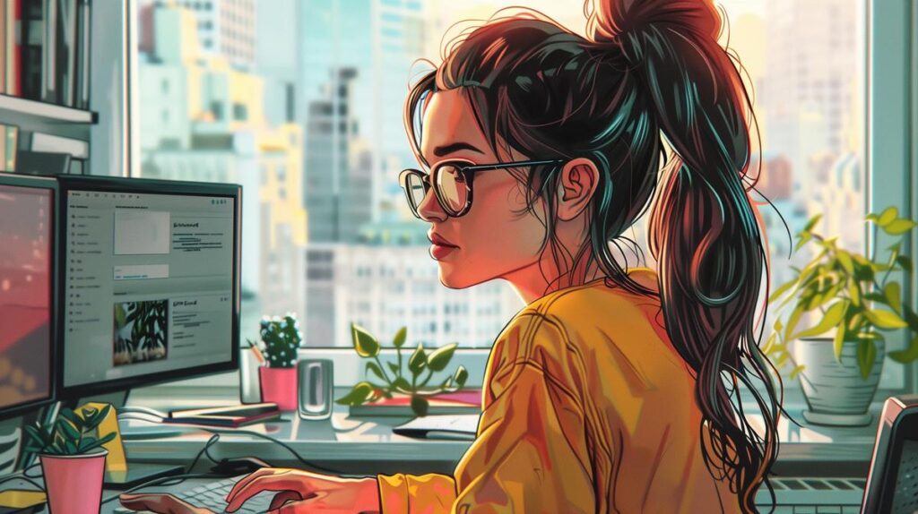 Freelancer working from home with dual monitors, city view, digital illustration.