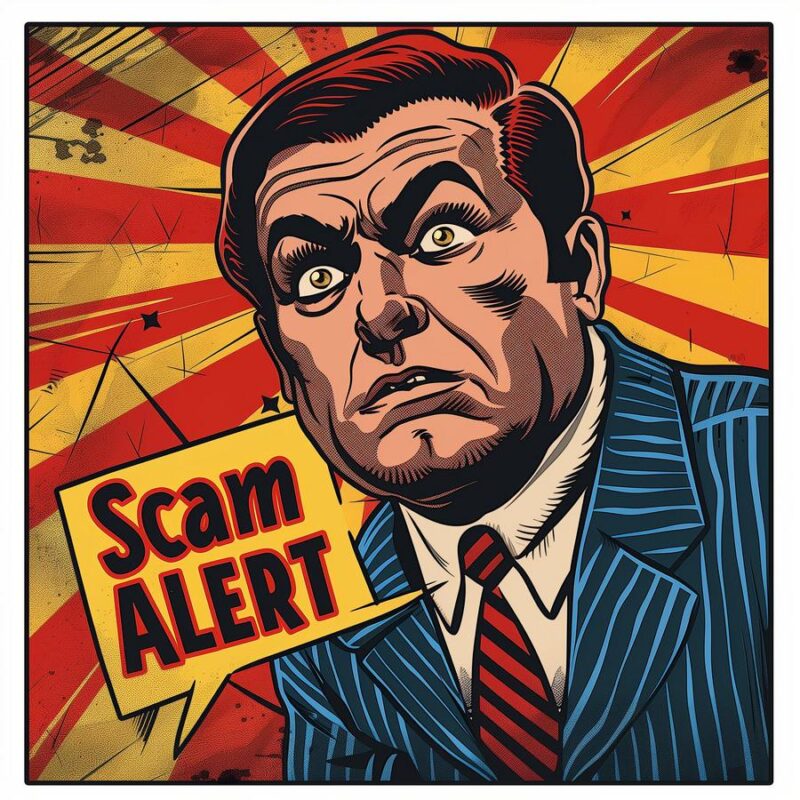 Retro comic man holding Scam Alert sign, vintage propaganda design