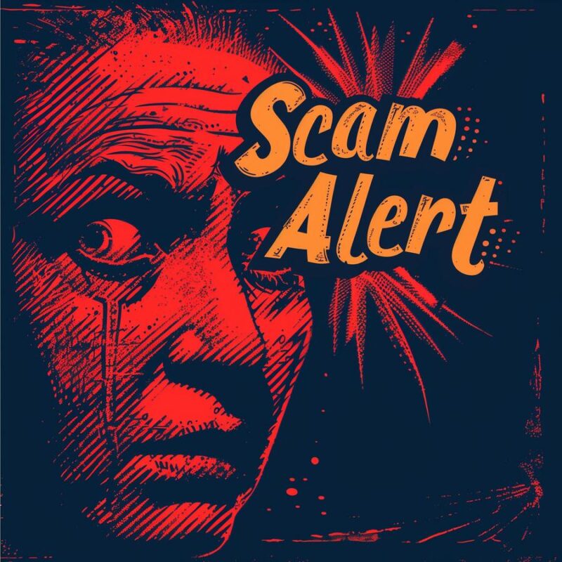 Retro-style Scam Alert vector graphic with dramatic face and warning message design in orange and blue.