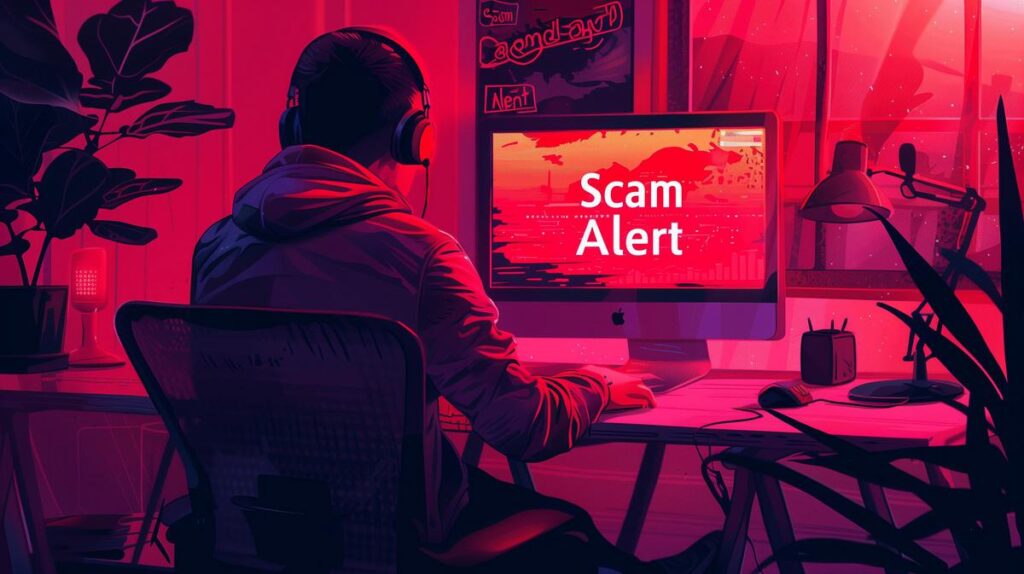 Cybersecurity alert concept with person at computer displaying Scam Alert on screen in neon-lit room, vector illustration