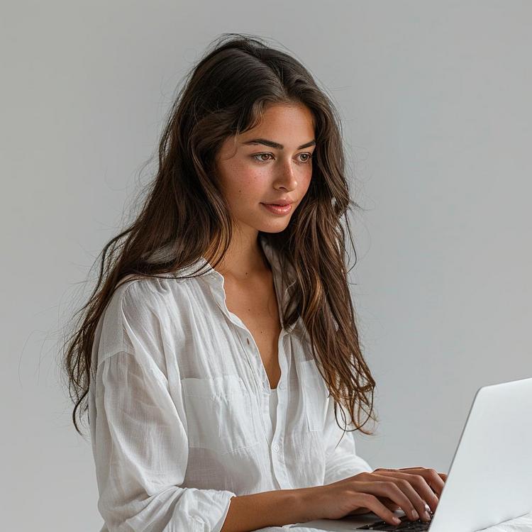 Young woman in white shirt using laptop in serene indoor setting.