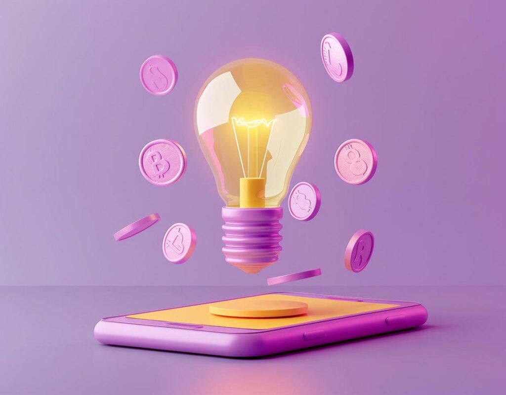 Glowing light bulb above smartphone with currency icons on purple backdrop