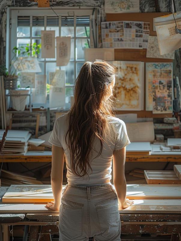 Artist in white shorts in sunlit printmaking studio, cluttered with art supplies and hanging sketches.