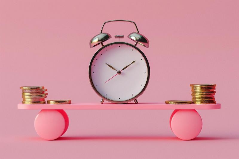 Vintage alarm clock and gold coins on pink seesaw symbolizing time management and financial stability.