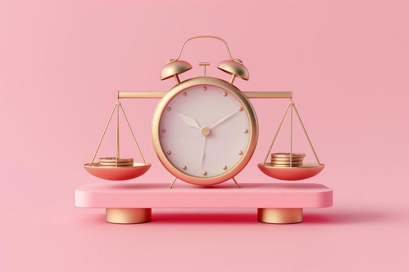 Pink and gold alarm clock with attached scales and balancing coins on pink background