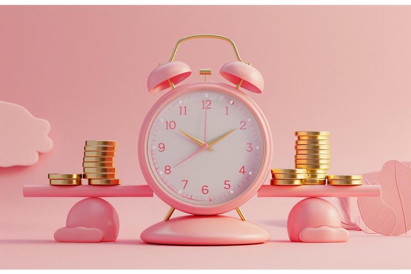 Minimalist pink alarm clock on seesaw with golden coins in pink-toned setting symbolizing time and money management.