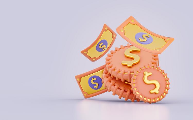 Colorful 3D cartoon money illustration with stylized dollar bills and coins in orange and yellow