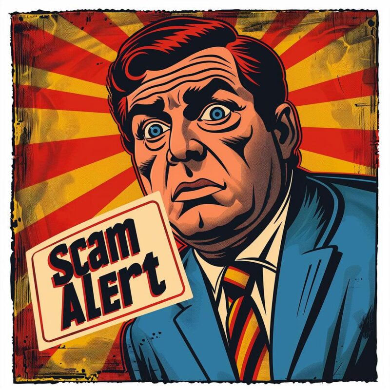 Vintage man in suit holding Scam Alert sign against bold striped red and yellow background.