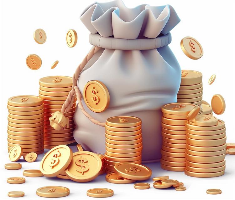 3D-rendered image of a large money bag surrounded by gold coins and stacks