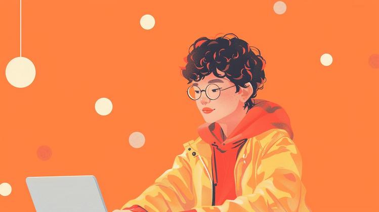 Curly-haired young adult in glasses using laptop on vibrant orange background with abstract circles.