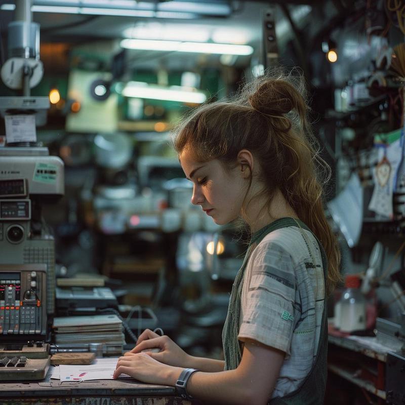 Young woman writing in workshop surrounded by electronic equipment and tools, showcasing tech-related tasks.