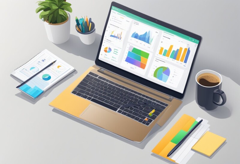 A laptop displaying the Dynata Daily Survey dashboard, with colorful graphs and charts, surrounded by a cup of coffee and a notepad with a pen